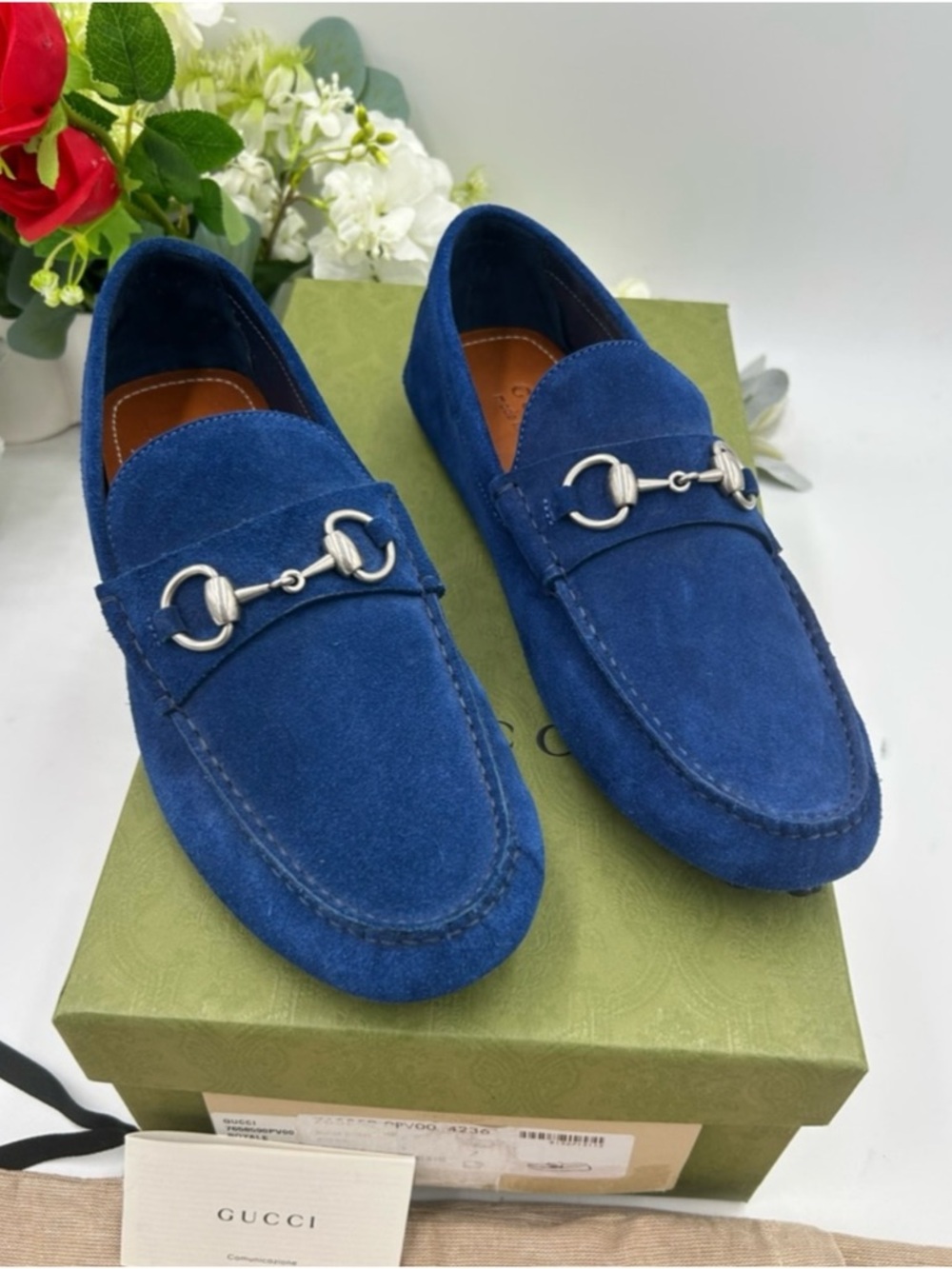 Gucci horse bit blue suede loafers size 7 fits 8 US made in Italy - Picture 2 of 7